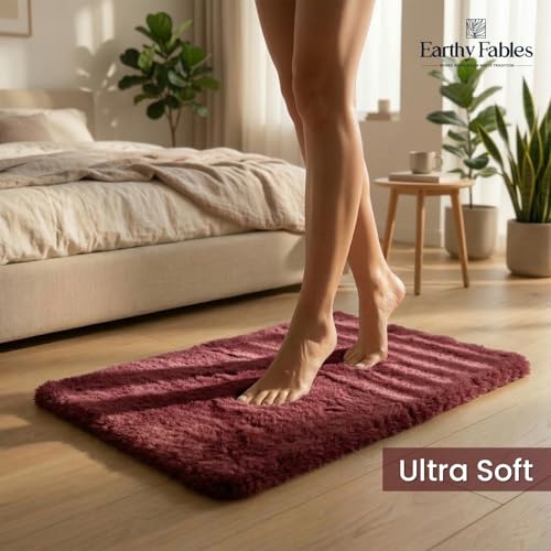 Image of Earthy Fables Plush Microfiber Bath Mat, Quick Dry, Anti-Skid, Water Absorbent, Non-Slip, Machine Washable Floor Rug, Shower Mat, Door Mat for Bathroom, Bedroom, 60 x 40 cm - Wine