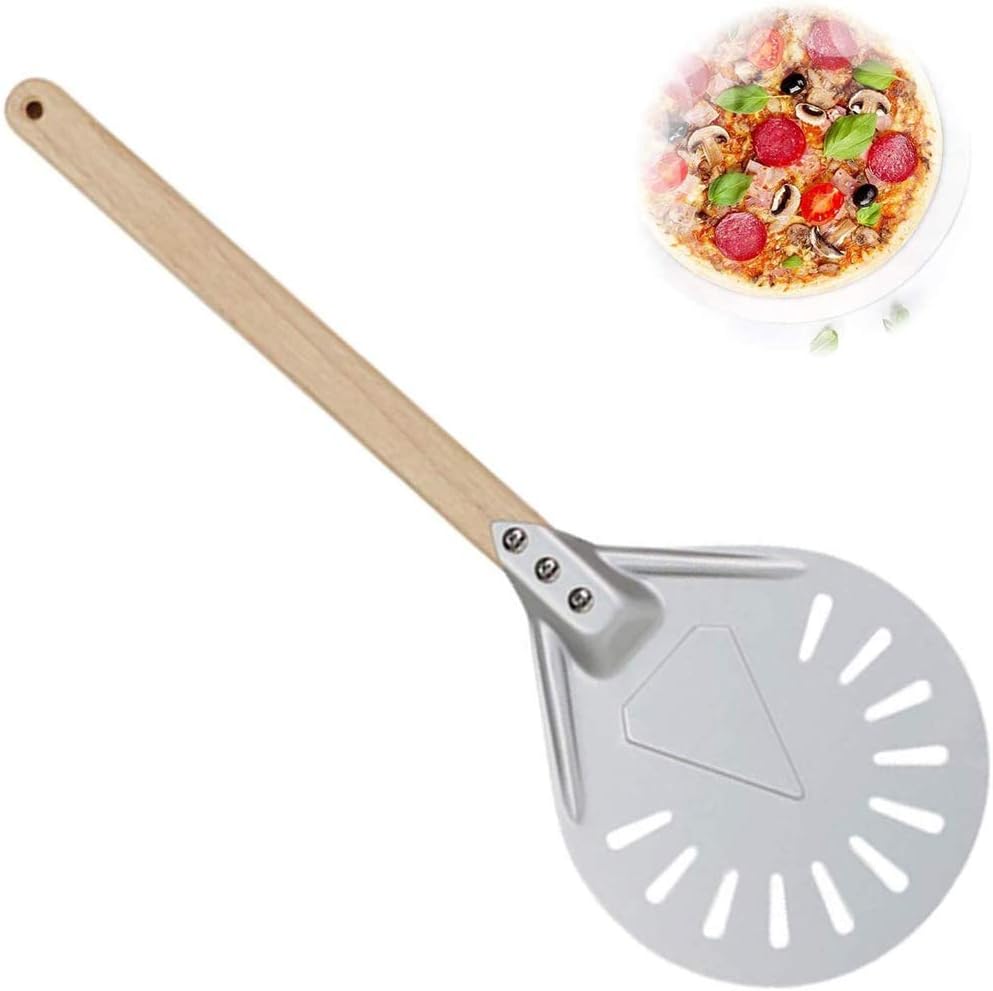 Pala per pizza rotonda perforata 7/8/9 Pala per pizza rotante 7 inches  paletta per pizza rotonda in alluminio con manico in legno smontabile  antiscottatura per pizza fatta in casa Rotelle tagliapizza Casa
