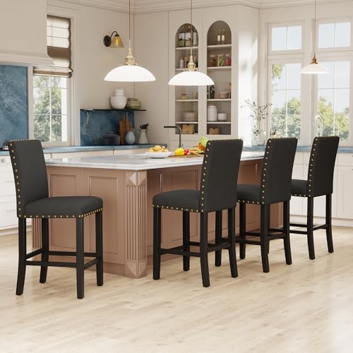 GOTMINSI Bar Stools Set of 4,Nailhead 24 Inches Counter Height Bar Stools for Kitchen Island Upholstered Barstools with Solid Wood Legs for Kitchen, Dining, Bedroom (Charcoal)