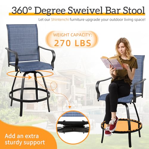 Shintenchi 5 Piece Patio Swivel Bar Set, Outdoor Patio Bar Table and Chairs Set, All Weather Textile Metal Bar Height Stools Chairs Set of 4, High Top Bistro Set for Balcony, Backyard,Garden,Deep Blue