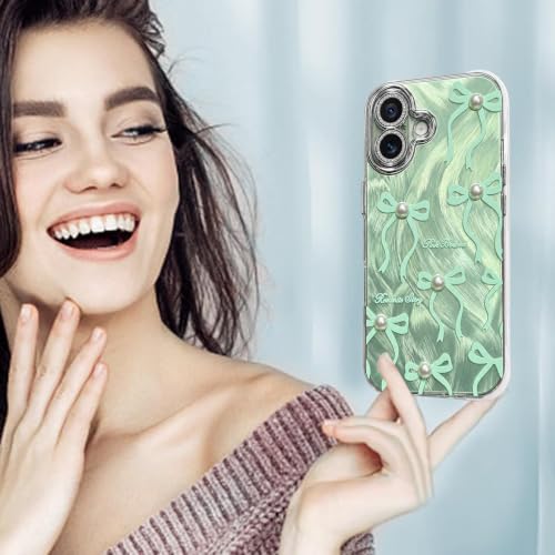 Image of VONZEE Compatible with iPhone 17 Case Luxury Pink Girly Cute 3D Bow Pearl Glitter Bling Case with Full Camera Protection Shockproof PC+TPU Glossy Shiny Cover for Girls Women, Green