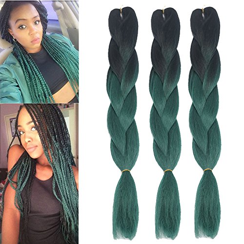 Dingxiu (3Packs,24inch) Ombre Braiding Hair Extensions Afro Jumbo Braids Synthetic Fiber Hair Two Tone Twist Braiding hair 100g/Pack (Black-Green)