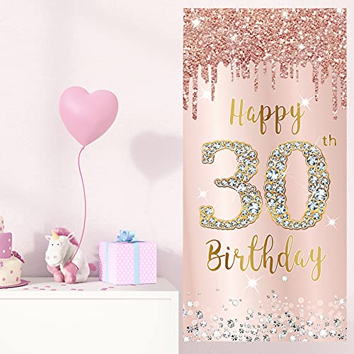 Image of Happy 30th Birthday Door Banner Backdrop Decorations for Her, Pink Rose Gold 30 Birthday Party Door Cover Sign Supplies, Thirty Year Old Birthday Poster Background Decor