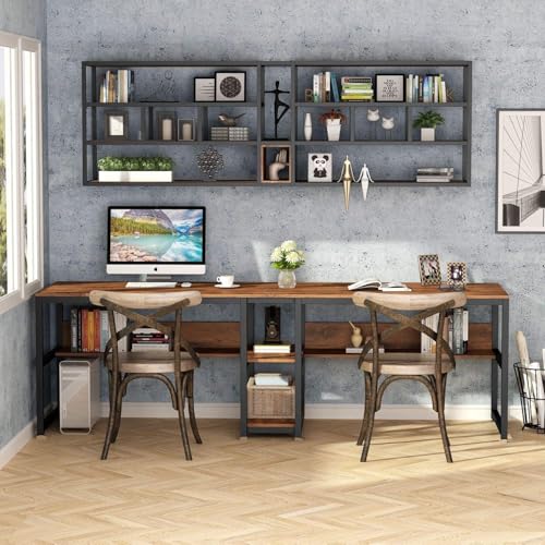 Image of TEKAVO Two Person Desk I 240 CM I Two People Working Table for Office & Home I Computer Desktop Table for Home pc I Desk with Book Shelf Storage I Brown Wood I Metal I DIY