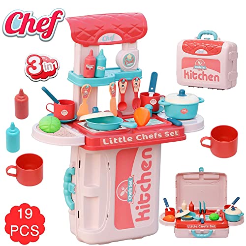 Image of Zest 4 Toyz Kitchen Set for Girls 3-in-1 Portable Suitcase Toy Kitchen Cooking Set with Pots Utensils & Food Toy for Kids (19 Pieces) Role Play Home Game for Girls