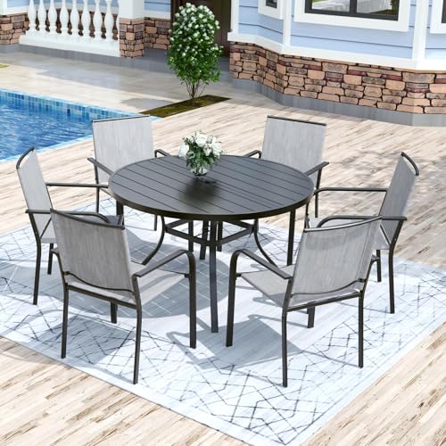 Image of Anmutig 7 Piece Patio Dining Set 48 Inch Round Table Stackable Chairs Grey | Powder-Coated Steel Frame, Quick-Dry Textilene Mesh, Dual-Size Umbrella Hole, Weather Resistant, Patio, Garden, Backyard