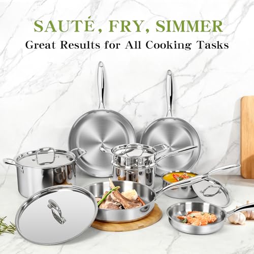 Image of Triple Ply Stainless Steel Pots and Pans Set, EWFEN 12 Piece Induction Cookware Set, Oven Dishwasher Safe | Frying Pans, Saucepans, Saute Pan & Stock Pot, PFOA Free Kitchen Skillet