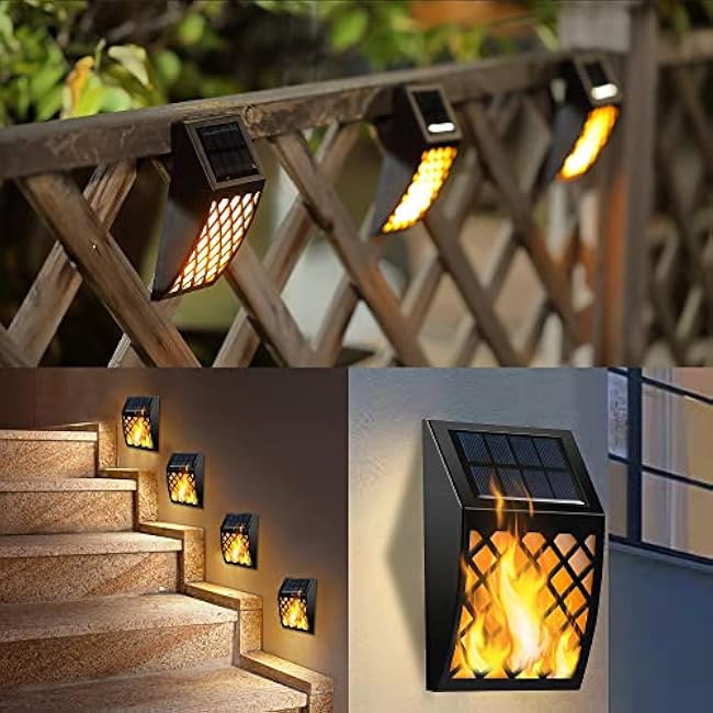 Dynaming Solar Flame Wall Lights Solar Powered Flickering Flame Wall Mounted Lattice Decorative
