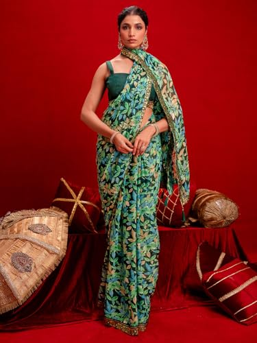 Image of SIRIL Women's Chiffon Printed Saree With Unstitched Blouse Piece