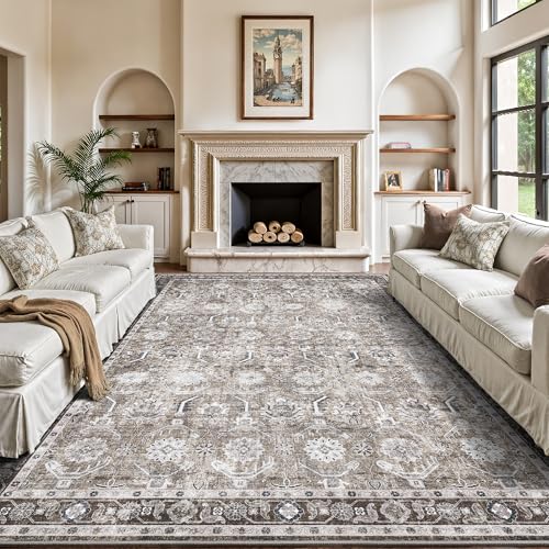Woodbruy 8x10 Area Rugs, Soft Non Slip Low Pile Washable Rug, Boho Modern Rug for Living Room, Bedroom, Dining Room, Brown