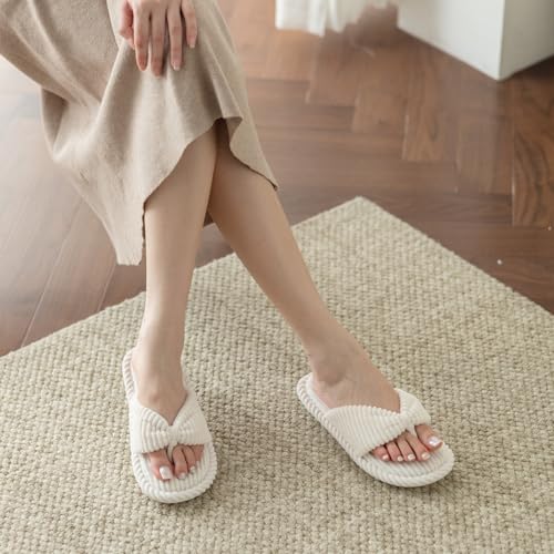 Womens Flip Flops Slippers with Memory Foam Cute Corduroy Bow House Slippers Indoors Outdoors Soft Anti-Skid Open Top2