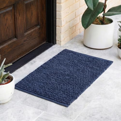 Image of haus & kinder Door Mat Cotton Chenille 1700 GSM | Ultra Soft Absorbent Anti Skid Bath Mat for Bathroom, Entrance & Kitchen | Thick Floor Mat | Dark Blue | 45 x 70 cm