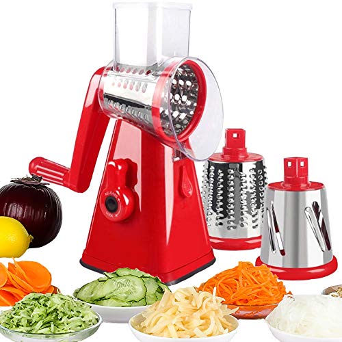 NILICAN Manual Rotary Potato Grater Kitchen Mandoline Vegetable Slicer, with 3 Interchangeable Blades, Easy to use (Red) by NILICAN - Used condition - CA$15.61