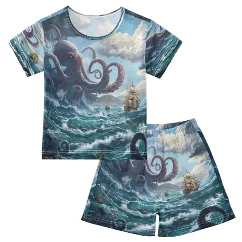 ALAZA Octopus Boats Ocean Fantasy Pajamas Set Short Sleeve Cotton Sleepwear Summer Pjs 2 Piece 5-14Y