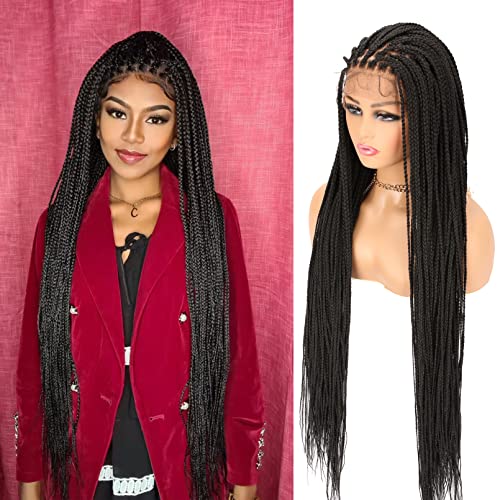AVELLABEE Braided Wigs for Black Women 36 inches Knotless Box Braid Wig 13x6’ Lace Frontal Synthetic Wig with Baby Hair Cornrow Twisted Braids Wig Super Lightweight Natural Looking (1B (Black))
