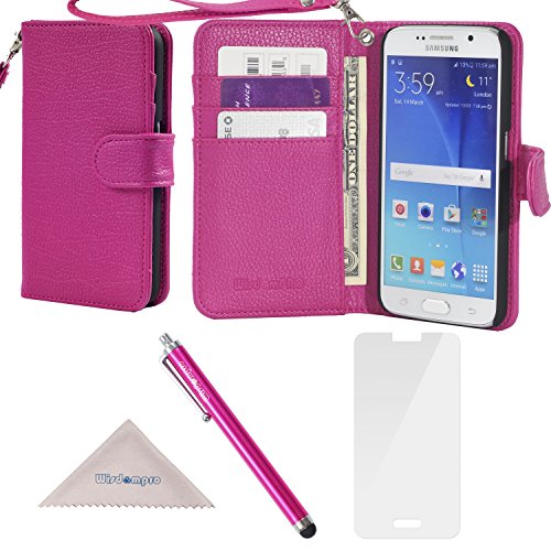 Wisdompro S6 Case, Premium PU Leather 2-in-1 Protective Folio Flip Wallet Case with Credit Card Holder Slots and Wrist Lanyard for Samsung Galaxy S6 - Hotpink