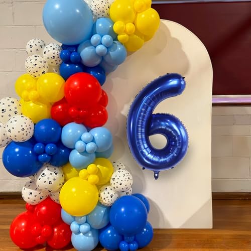 Image of 4th Birthday Decorations Boy, Dog Paw Fourth Birthday Balloons Arch with Red Blue Yellow Latex Balloons and Long Balloon Number 4 and Star Foil Balloon for Paw Party Supplies
