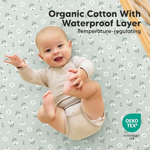 Image of 2-Pack Waterproof Crib Sheets for Boys, Girls, 52x28 Fitted (Daisies) | Organic Cotton Baby Crib Sheets, Toddler Mattress Protector Cover, Washable, Soft & Durable Baby Bedding Essentials