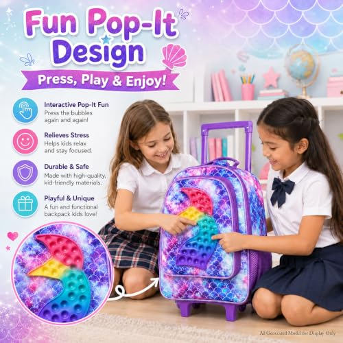 Image of CCJPX 3Pcs Mermiad Roller Backpack for Girls, Kids Rolling Wheeled Bookbag Toddler Elementary School Bag with Wheels - Purple