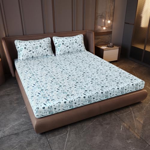 Image of Divine Casa King Size Fitted Bedsheet with 2 Pillow Covers (200 x 180 CM) | Cotton Twill Satin Floral Print | SKU Blue Elastic Fitted Sheet for Mattress.