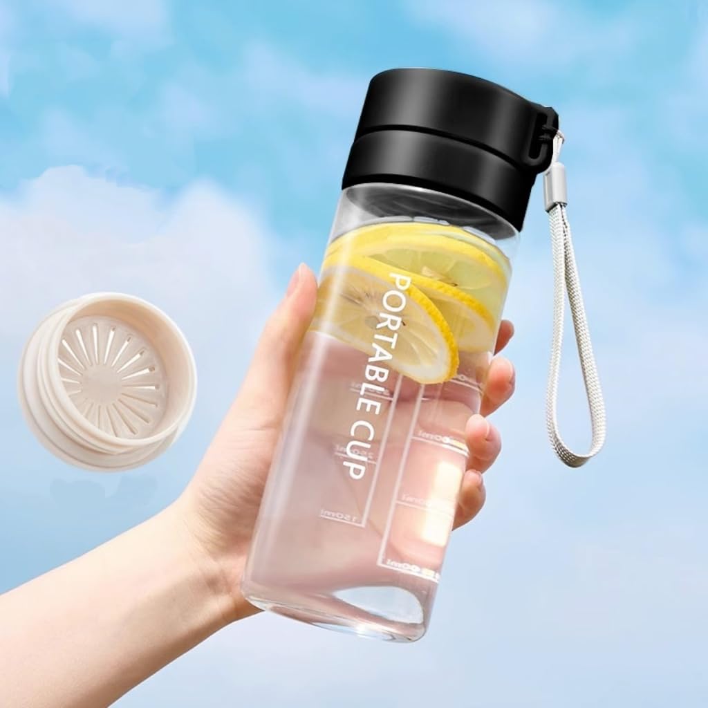 20oz Leakproof Tumbler with Tea Infuser- Double-Lid Design, Portable Outdoor Water Bottle with Carabiner, Shatterproof & Insulated Black