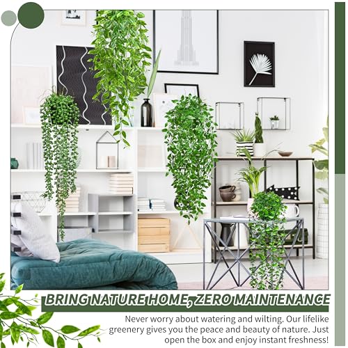 Image of Palonu 4 Pack Faux Artificial Hanging Plants, UV Resistant Fake Potted Greenery with Eucalyptus Vine, Mandala, Pea Pod Leaves & String of Pearls in Pots for Living Room Bathroom Indoor Outdoor Decor