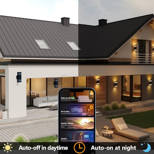 Image of rosykite Smart Outdoor Sconce Lights 2 Pack, Up Down Wall Porch Lights RGB Color Changing WiFi APP Control, Dimmable LED Exterior Wall Lighting Fixtures Work with Alexa,No Hub Required,ETL Listed