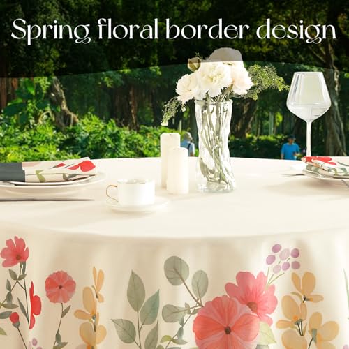 FIBORIA Frühling Tischdecke Rund 140 cm Leinenoptik Tischdecken mit Blumen Abwaschbar & Wasserabweisende Tischwäsche Abwischbare Tischtuch Outdoor Table Cloth für Ostern,Garten,Hochzeiten,Geburtstag