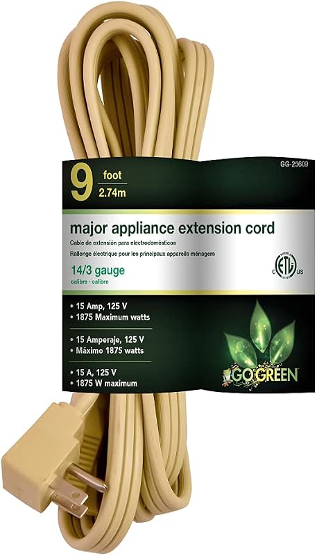 Go Green Power Inc. 9ft Appliance Cord, Beige - 14/3 SPT, Heavy Duty, Grounded Plug, Kink-Free, 3 Prong Right Angle Plug Protects Against Accidental Disconnection, Ideal for Large Indoor Appliances