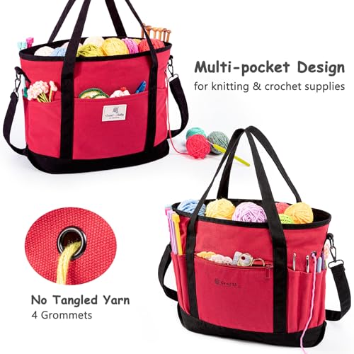 Image of Canvas Yarn Storage Organizer Bag Washable Crochet Bag with Pockets for Yarn, Hooks, Needles - Travel Knitting Tote for Crafters - Gift for Crocheters & Knitters (Medium /Large)