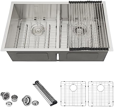 33 Double Bowl Kitchen Sink Undermount - Lordear 33 Inch Undermount Kitchen Sink Low Divide Double Bowl 50/50 16 Gauge Stainless Steel Kitchen Sink Basin