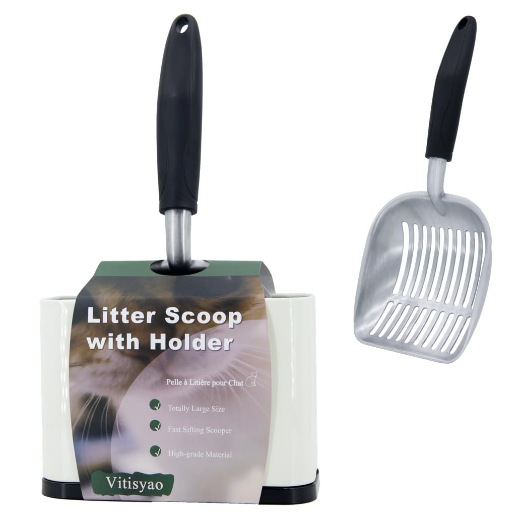 Heavy Duty Cat Litter Scoop with Holder, Stainless Steel Kitty Litter Scooper Caddy for Litter Box, Aluminum Speed Sifter Captures All Clumps