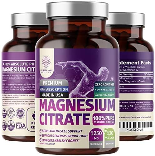 Pure Magnesium Citrate Capsules 1250mg, Easily Absorbed and Purified Trace Mineral for Muscle and Digestive Support, 120 Caps