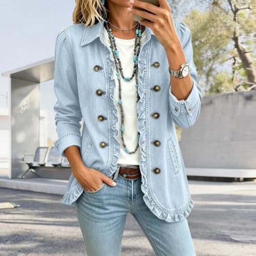 Denim Jacket for Women Ruffles Trim Button Western Oversized Jean Coats - image 2