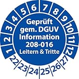 Prüfplakette Geprüft gemäß DGUV Information 208-016 Leitern und Tritte, Prüfaufkleber, Prüfetikett, Plakette (25 mm Ø, Blau, 100)
