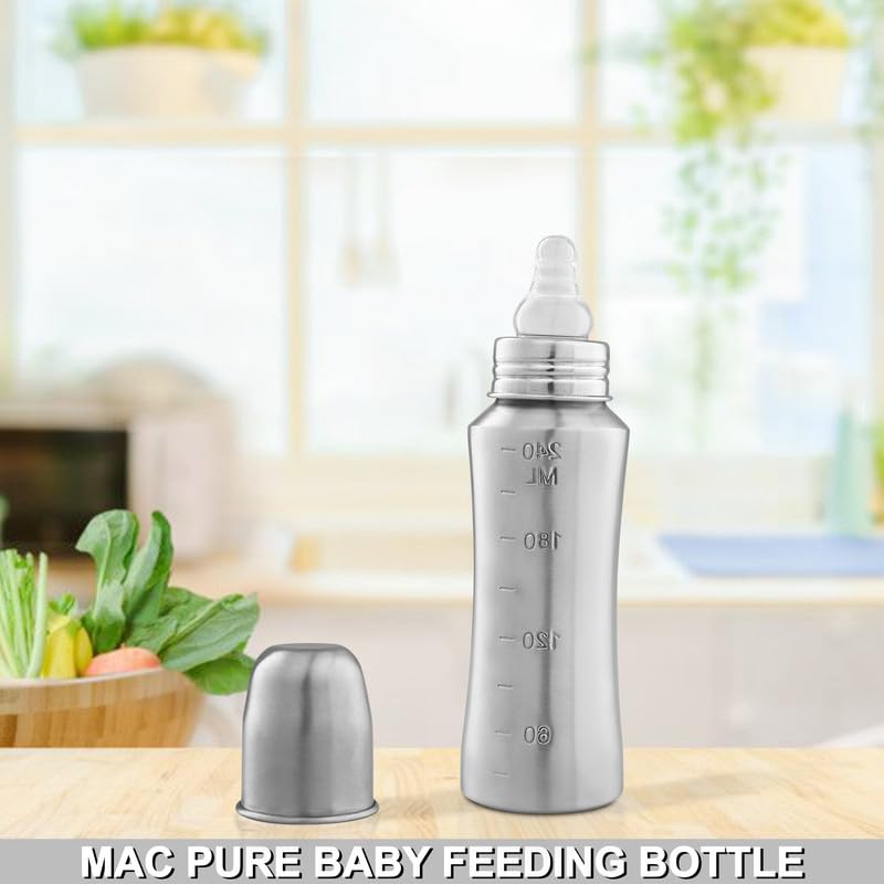 Image of Home's and Kitchen 240 ml Stainless Steel 304 Grade New Born Baby Feeding Bottle for Milk /Water Feeding Pack of 2, 240ml