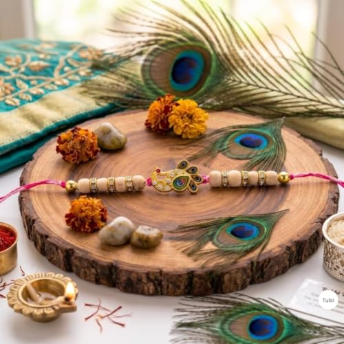 Image of Original Tulsi Rakhi for Brother | Handmade Natural Tulsi Beads Rakhi | Sacred Raksha Bandhan Rakhis for Boys | Traditional Spiritual Rakhi Gift