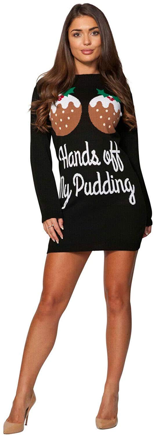 GirlzWalk ® Women Two Reindeer Merry Christmas Knitted Sweater Ladies Novelty Xmas Party Midi Tunic Jumper Dress (Black Pudding, SM/UK 8-10)