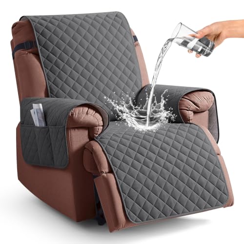 Image of KinCam 100% Waterproof Recliner Chair Cover, Reclining Couch Covers for Pets, Dogs, Recliner Couch Slipcover Furniture Protector with Elastic Straps for Kids (23.6 inch, Charcoal Gray)