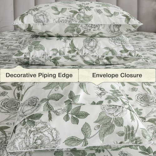 Image of Vintage Green Floral Percale Bed Sheets Queen Size, Deep Pocket