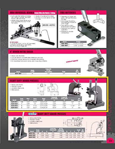 Image of HHIP 8600-0033 2-Ton Heavy-Duty Arbor Press - Cast Iron Frame, 4-Position Steel Anvil, 8.47 inch Max Height, 12 inch Work Dia - Manual Bench Press for Riveting, Staking, Bearings, Broaching, Press Fit Work