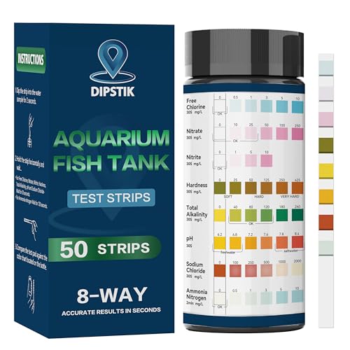 Aquarium Ammonia Test Strips, 8-Way Aquarium Test Kit for Freshwater Saltwater,50 Strips Fish Tank Pond Test Strips,Test Nitrate, Nitrite, Chlorine,Hardness,Alkalinity, Carbonate, Ph