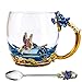 Tea Cup, Mother's Day Gifts, Coffee Mug, Clear Glass Cups with Spoon Set, Lead Free Handmade Butterfly, Unique Rose Flower Enamel Design, Birthday Decoration Wedding Gift Ideas (Blue Short)