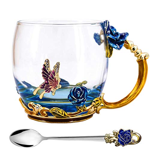 Tea Cup, Mother's Day Gifts, Coffee Mug, Clear Glass Cups with Spoon Set, Lead Free Handmade Butterfly, Unique Rose Flower Enamel Design, Birthday Decoration Wedding Gift Ideas (Blue Short)