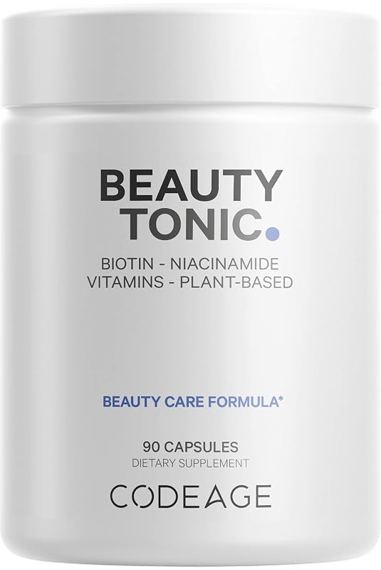 Codeage Beauty Tonic — suplemento para cabelos, pele e unhas com biotina, vitaminas C, E e B6, niacina, folato, fitoceramidas, astaxantina e selênio, 1500 mcg, 90 cápsulas