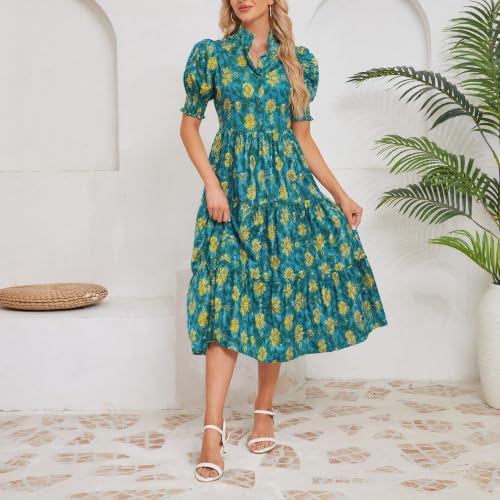 Image of Kedera Women Summer Casual Maxi Dress Trendy 2026 Puff Short Sleeve V Neck Ruffle Tiered Flowy Boho Beach Long Dresses