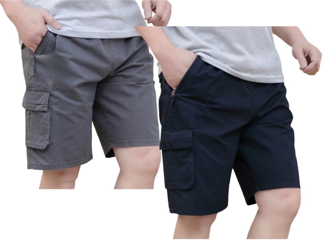 Men's Casual Twill Cargo Shorts Zip Fly Cotton Elastic Waist Loose Fit Drawstring Short