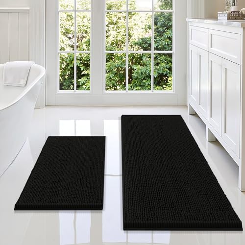 Image of Smiry Bathroom Rugs Sets 2 Piece, Soft Absorbent Chenille Machine Washable Non Slip Shaggy Bath Rug Set for Tub, Shower, and Floor (47x17+24x16, Black)
