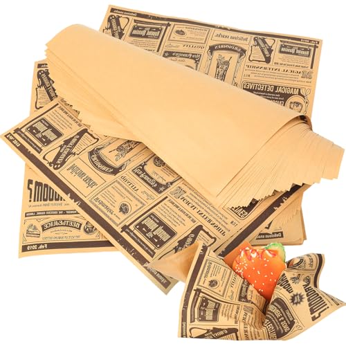 200 Blätter Backpapier Zeitungsoptik, Käsepapier, Hamburgerpapier, Hamburger Papier, Deli Fettdichte Papierblätter für Burger Buns Burger Pommes Butterbrot Käse Fingerfood Zubehör(25x25cm)