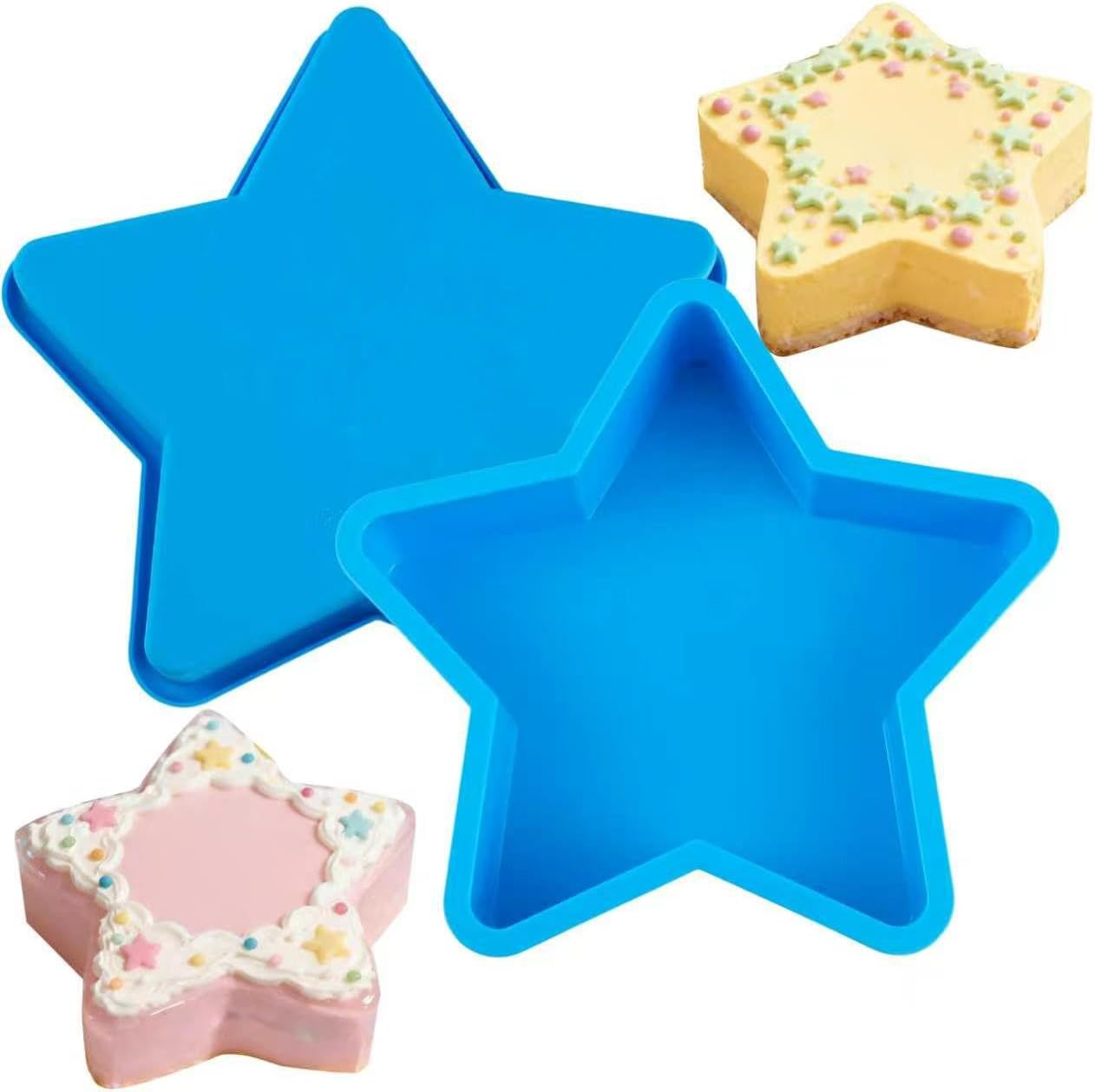 Sidosir 2Pcs Large Stars Cake Pan Silicone Mold, Independence Day Theme Star Shaped Cakes Pan for Making Chocolate, Cake, 10Inch Star Silicone Molds for Home Baking, Birthday Parties